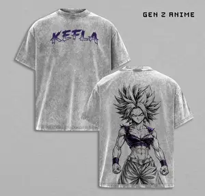 Kefla DBZ Super Vintage Washed Oversized T Shirt, Female Saiyan Anime Graphic Tee, Fusion Power Up Streetwear, Double Sided Print Heavyweight Cotton, Gift for Anime Fans