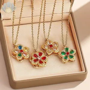 Ladies' Birthstone Flower Necklace, Gold-Plated Elegant Stress-Relief Necklace, Rotatable Crystal Silver Flower Pendant, Adjustable Rotating Stress-Relief Necklace, Red Flower Tree Flower Collar, Summer Fun Ladies' Jewelry Gift