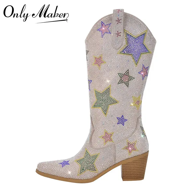 Onlymaker Women Rhinestone  Mid-Calf Boots Glitter Bling Shiny Western