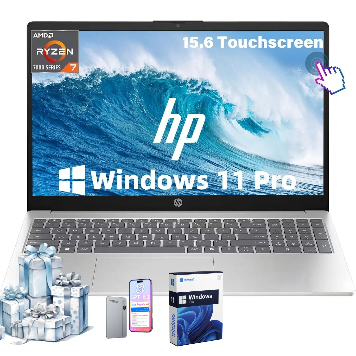 HP 15.6 Inch FHD Touchscreen Portable Laptop, AMD Ryzen 7 7730U, Up to 32GB RAM, 1TB SSD, Copilot AI Key, WiFi 6, Fast Charge, Windows 11 Pro for Business & Study, Bundle Accessories Included