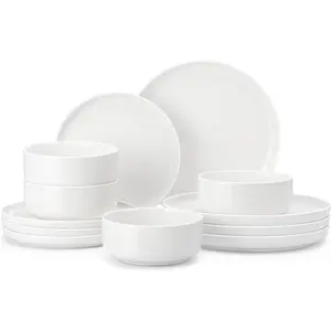 Plates and Bowls Sets, 12 count Porcelain Dinnerware Sets Dishware Sets Chip Resistant Ceramic Dish Set Dining Dinner Ware Service for 4, White, Series LUNA