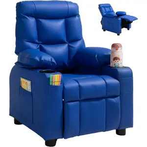 VEVOR Kids Recliner, Toddler Recliner with Cup Holders and Side Pockets, 107° to 126° Adjustable Backrest, Push Back PU Leather Kids Reclining Chair Couch with Footrest, Ideal for Child Ages 1-9, Blue