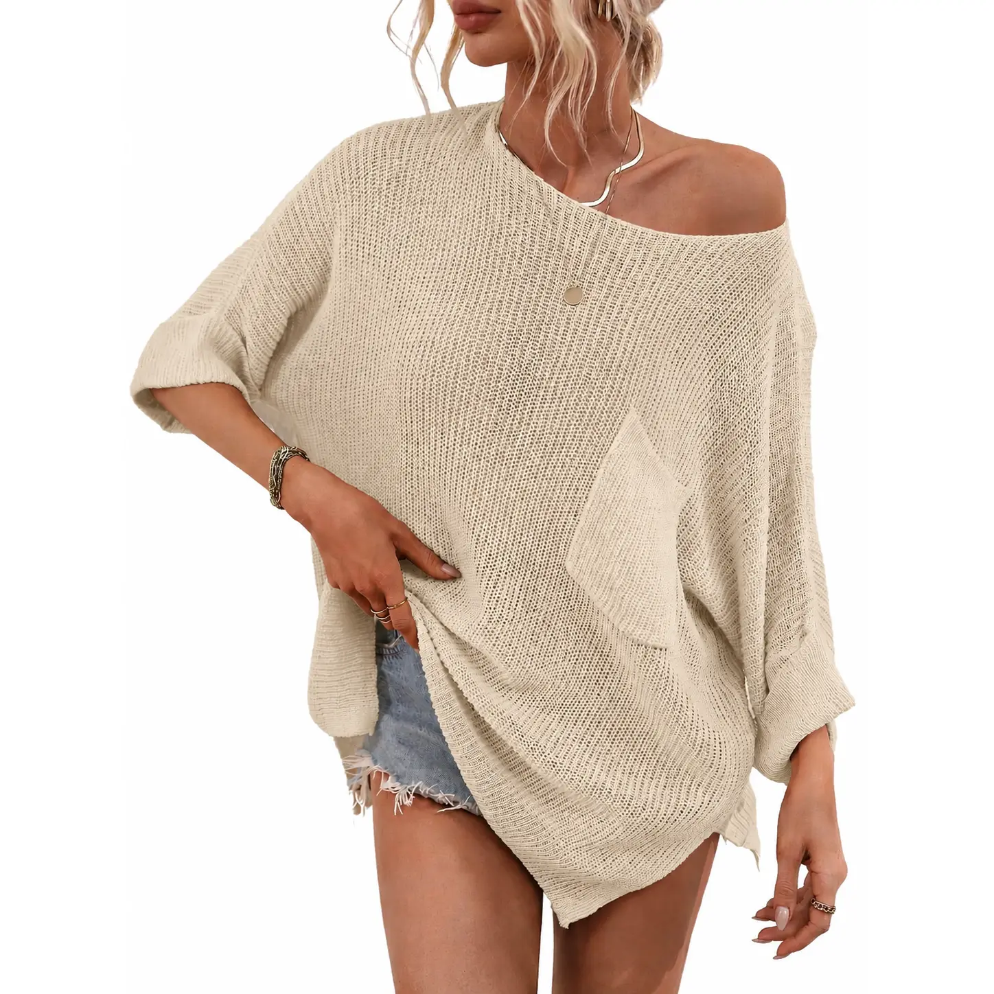 Chouyatou Women's Comfy Oversized Batwing Short-Sleeve Knitting Pullover, Spring-Summer Beach Holiday Crochet Sweater Top with Stylish Design, Style, Pocket,back to school,back to school shopping, Skinny, Skirt