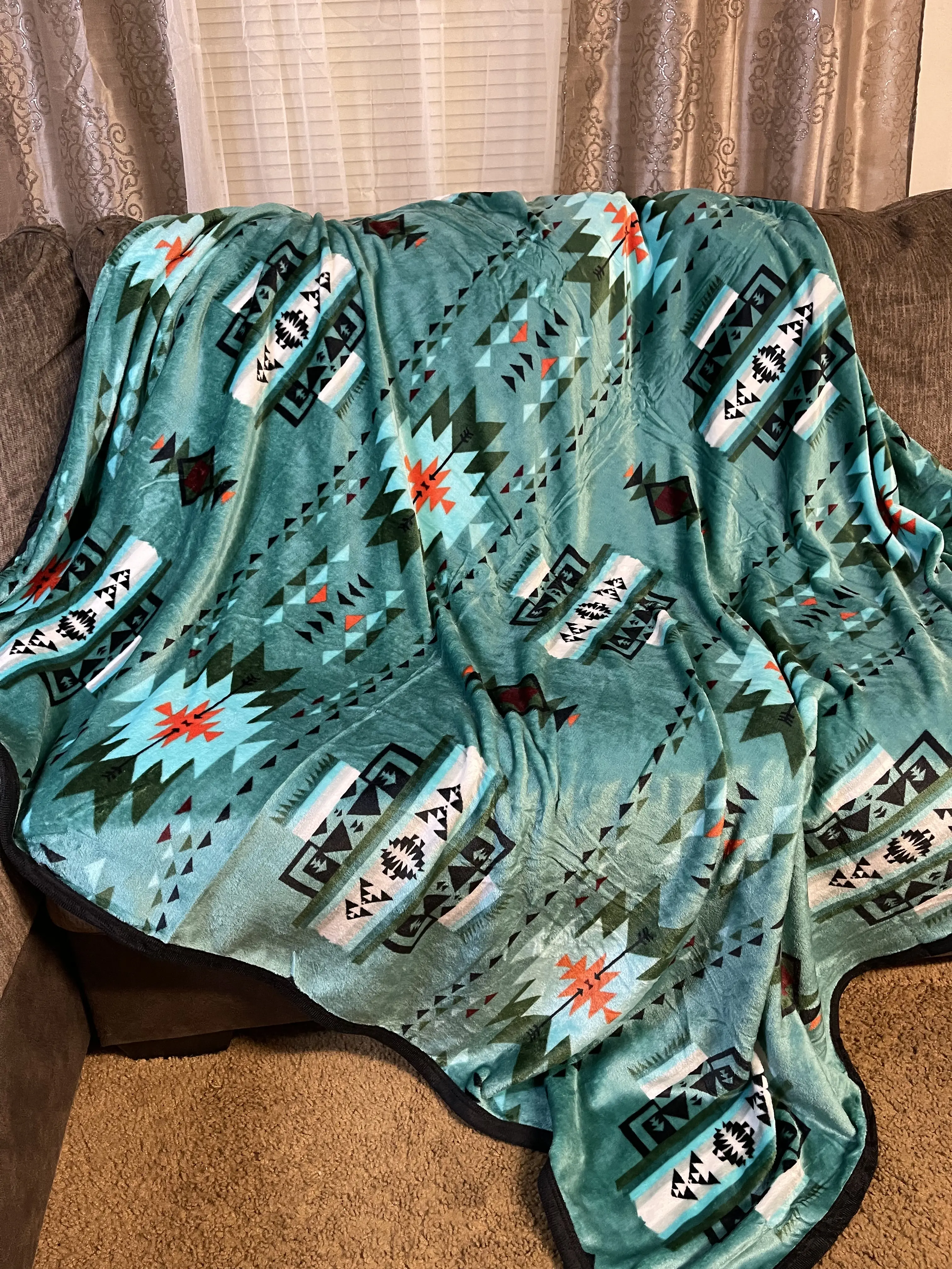 Native Sunset Dark Green Aztec Full 60"x 80" Oversized Throw Single Layer Soft Plush