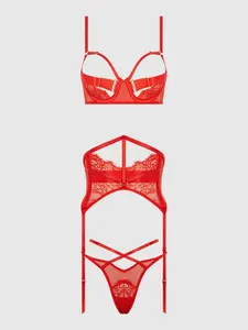 NADIA LACE & MESH BRA, GARTER & G-STRING SET