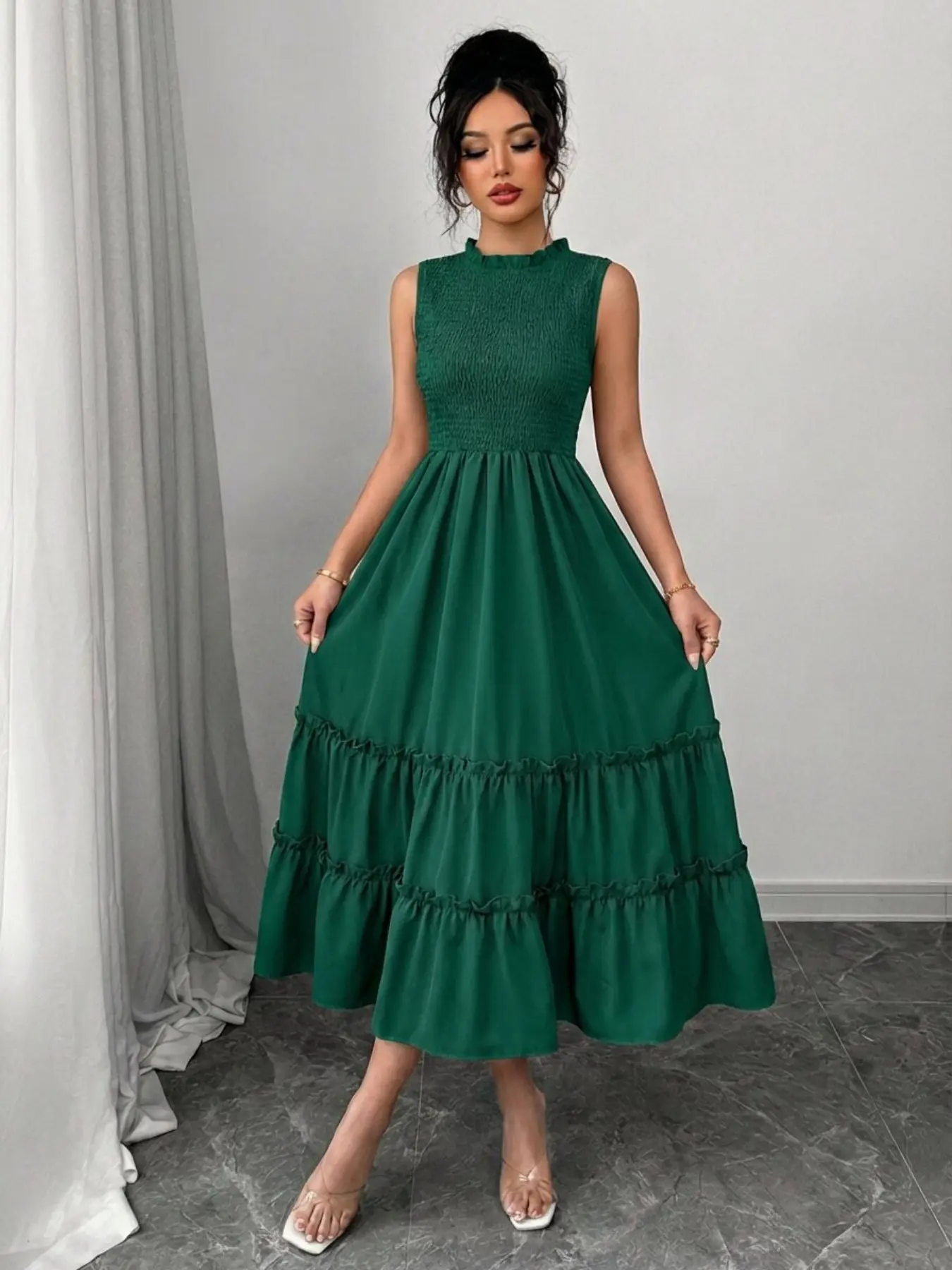 Women's Summer Smocked Waist Sundress Sleeveless Lace Trim Round Neck Ruffled Hem Midi Beach Cover Up Solid