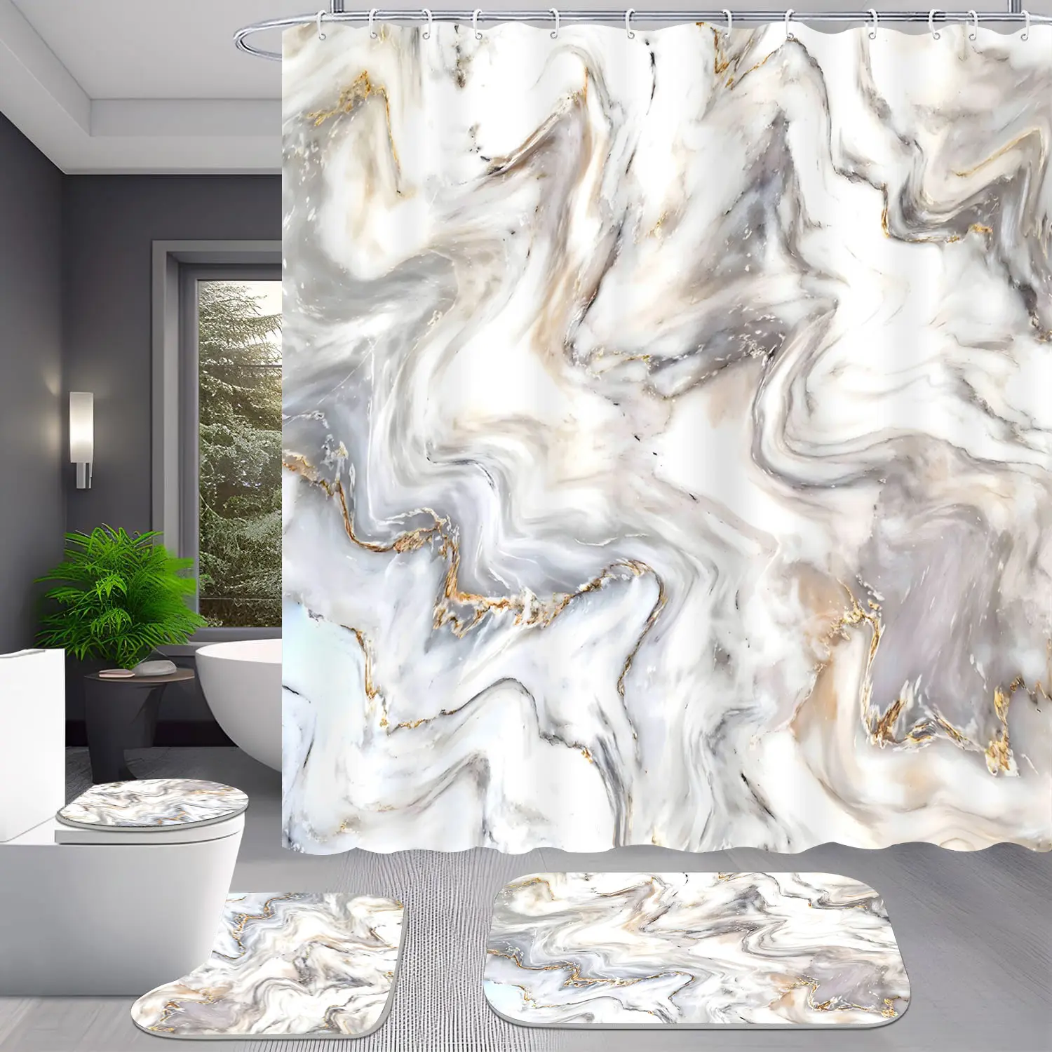 Abstract Grey and Gold Marble 4 Piece Shower Curtain Set Modern, Bathroom Decor with Rugs Non-Slip Carpet Toilet Lid Cover