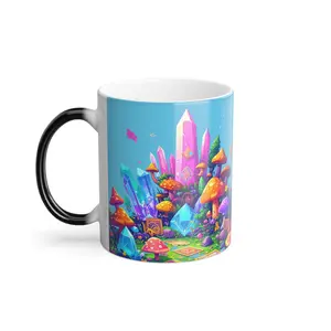 Peace Crystals Mushrooms Color Morphing Unique Heat Sensitive Ceramic Tea Cup Mug Magical Color Changing Coffee Beverage Mindfulness Boho