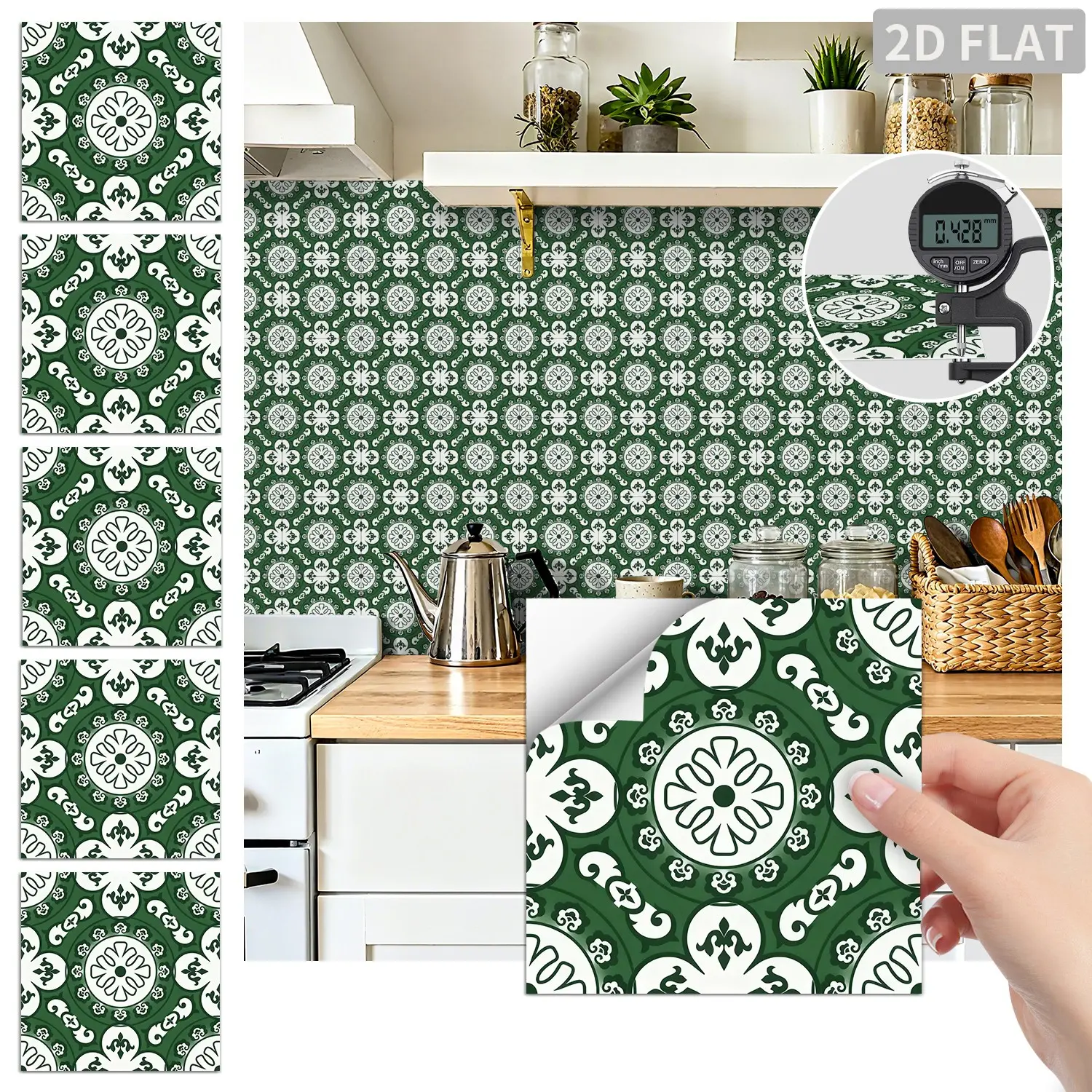 24PCS FHZ Dark Green Vintage Baroque Floral Tile Stickers PET Matte Peel and Stick Backsplash Waterproof Oil Proof Wall Decor for Kitchen Bathroom