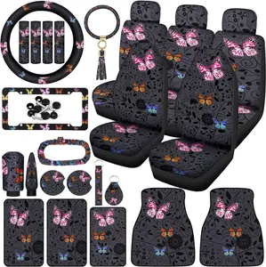 Butterfly Seat Covers Full Set for Women Butterfly Universal Car Accessories Rubber Steering Wheel Cover License Plate Frame Mirror Covers 26 Pcs Fit Car SUV Auto(Multicolor Style)