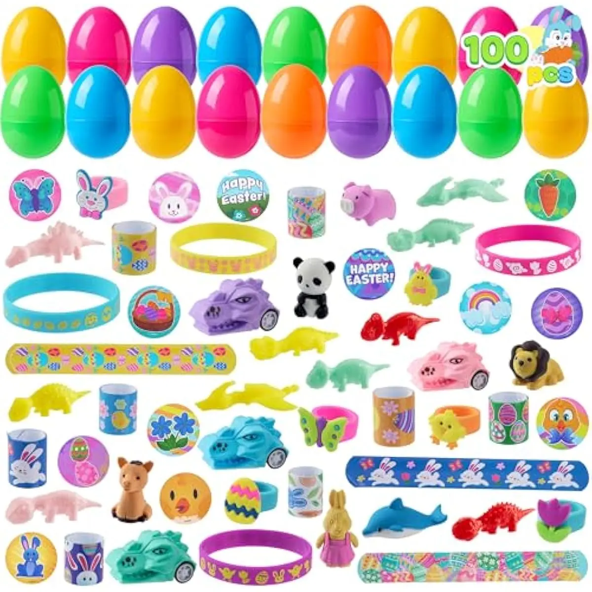 100 Pcs Prefilled Easter Eggs With Assorted Toys Plus Stickers Inside, Stuffed Eggs with Diverse toys for Easter Egg Hunt, Kids Basket Stuffers Fillers, Party Favors, Classroom Prize Supplies