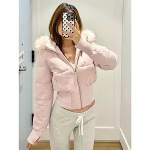 Women’s American retro pink cotton short coat with fur collar and hood, high street fashion, winter jacket