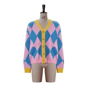 Anime Cosplay Costume Pink Checked Pattern Cardigan Argyle Sweater Jacket