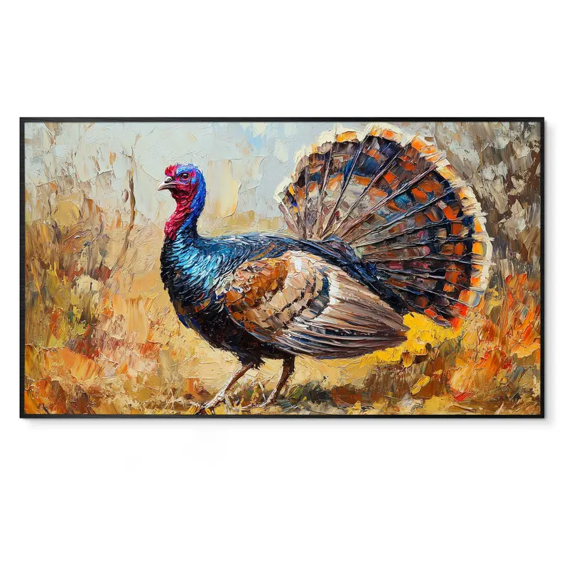Wild Turkey Oil Painting Poster, Textured Autumn Wildlife Wall Art, Rustic Thanksgiving Decor for Living Room TV Background, Vintage Nature Hunting Artwork Gift
