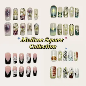 Moonovate - MEDIUM SQUARE Collection 10pcs Handmade Press On Nails Square Nails REUSABLE 3D Gel Fake Nails Acrylic Press On Nails