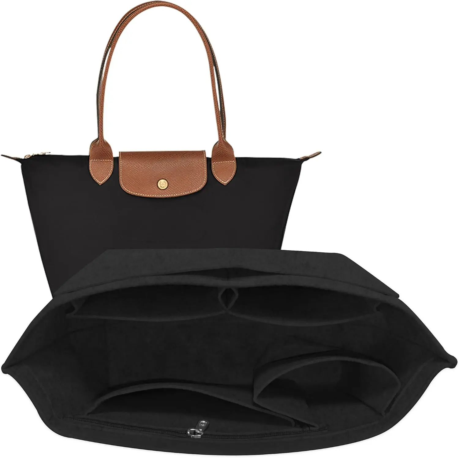Felt Purse Organizer Insert for Longchamp Bag, Handbag Organizer Compatible with le pliage Shoulder Bag, Divider Pocket and Zipper Inner(Black, Large)