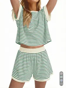 Women's Striped Colorblock Short Sleeve Shorts Set, Womenswear, Loose Casual Homewear, Two-Piece, All Seasons, Slim-Fitting