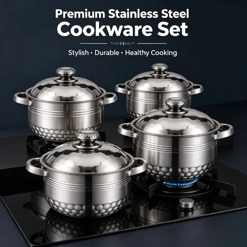 4-piece high-quality thickened stainless steel soup pot set, with uniform thermal conductivity and non stick pot, equipped with stainless steel pot cover, suitable for induction cookers, gas, etc., used for stewing, boiling, steaming and daily cooking