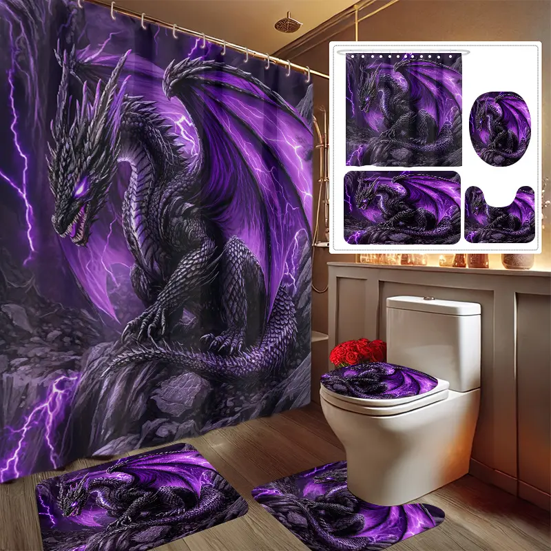 [Dragon Awaken Shower Set] (Kai ) 1/4pcs Dragon Awaken Shower Curtain Set, Bathroom Decor Set Includes 2D Flat Printed Shower Curtain, Non-Slip, Toilet Lid Cover, Bathroom And 12 Plastic Hooks, Bathroom Additions, Home Decor