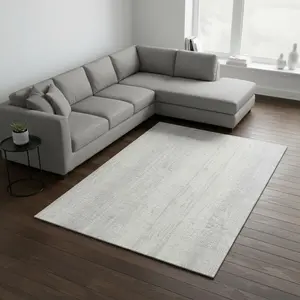HomeRoots 668366 Strip Area Rug, 9x12 ft. Silver & Ivory Striped Transitional Washable Machine-Made Rectangle Rug with UV Protection, Strip Area Rugs