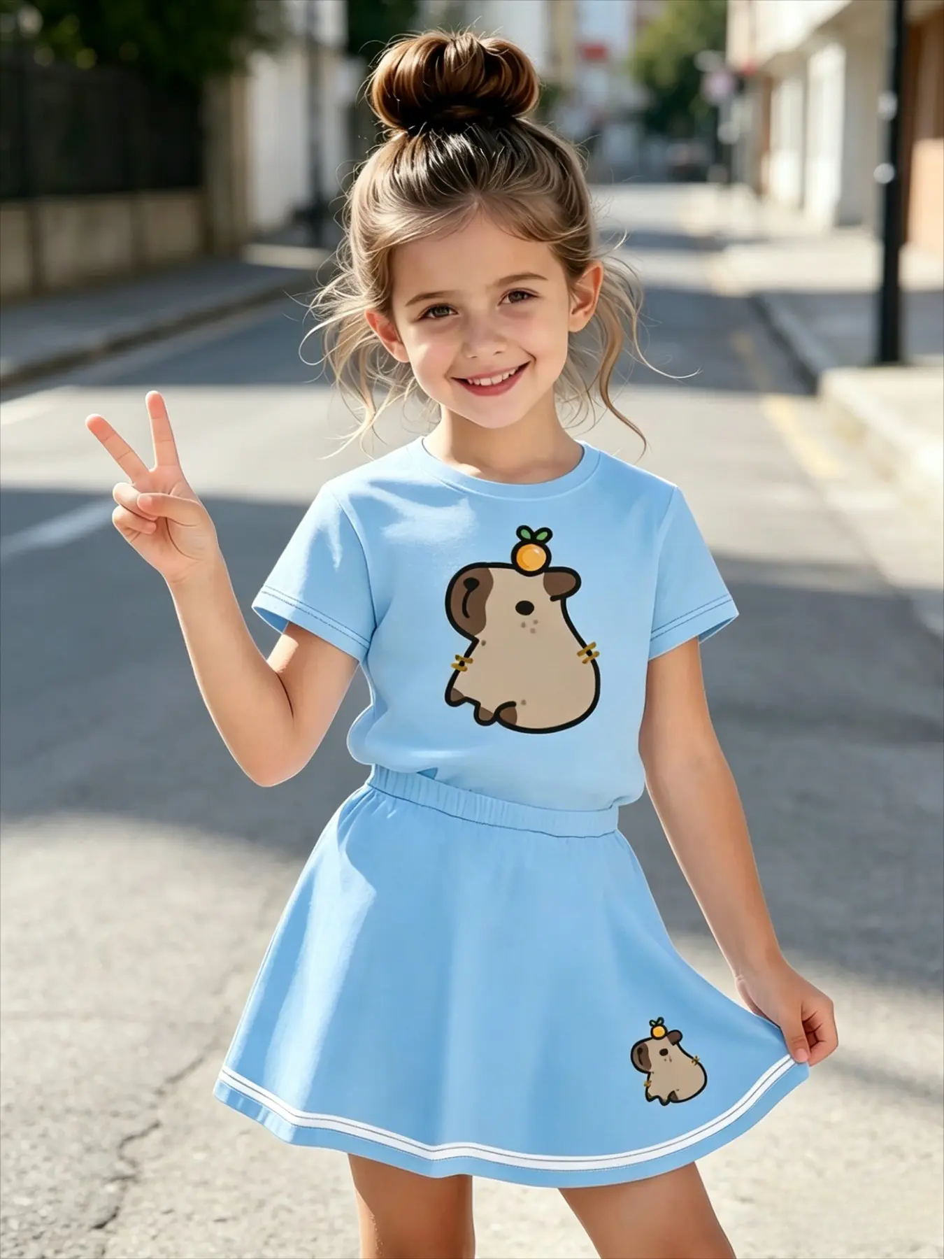 Girls Cute Capybara Print 2-Piece Outfit - Short Sleeve T-Shirt & Skirt Set