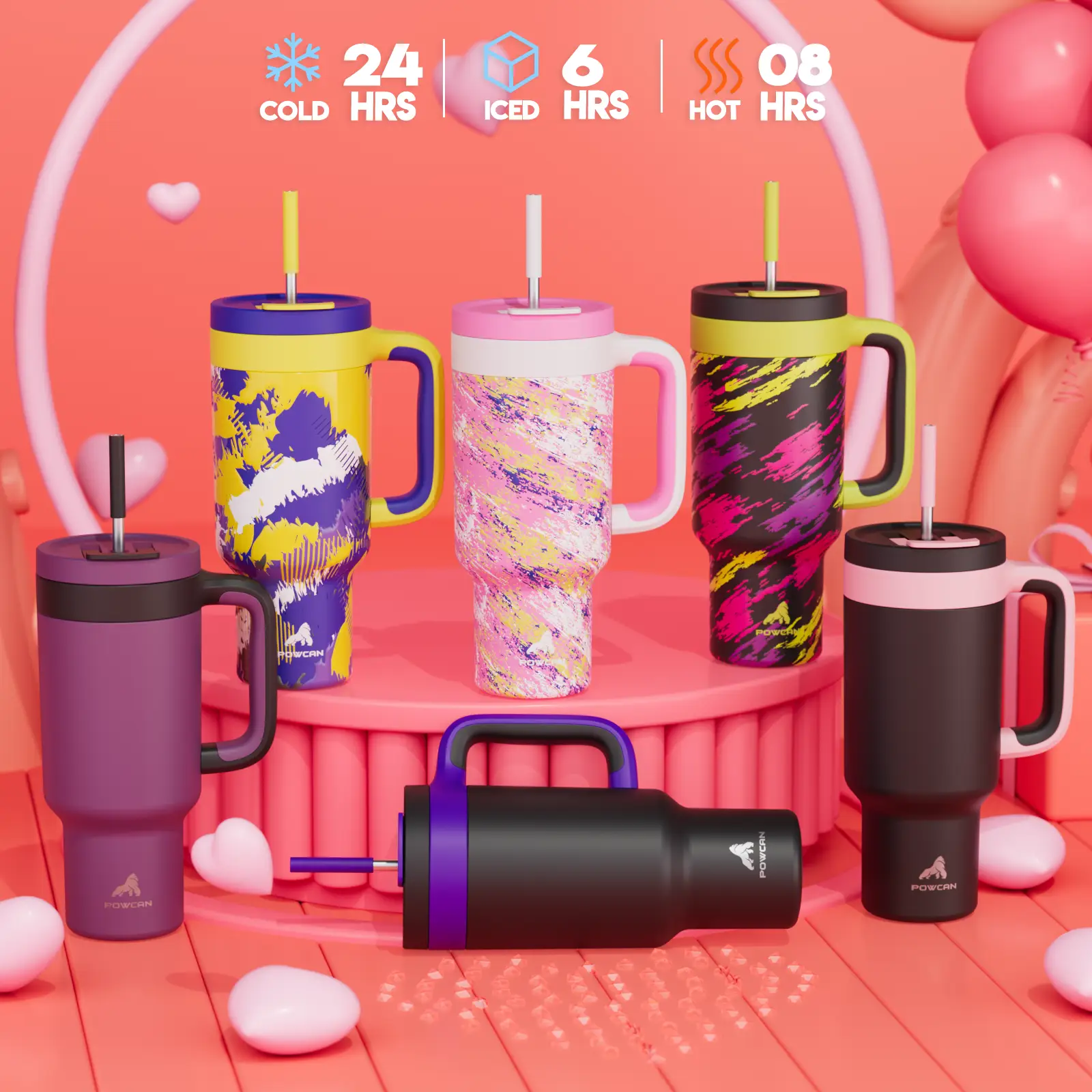 【POWCAN】Large Capacity Tumbler Vacuum Flasks, Free Stainless Steel Straw For Reusable Use, Two-In-One Cup Lid, Leak-Proof, Unbreakable Handle, Dishwas