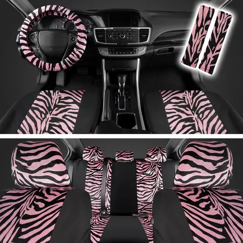 9pcs Pink Stylish 2-Tone Novelty Print Automotive Seat Covers & Cushions - Breathable, Cool, Stain-Resistant, Easy-Install Girly Car Accessories, Car Stuff for Women, Universal for Trucks Vans SUVs, New Protectors