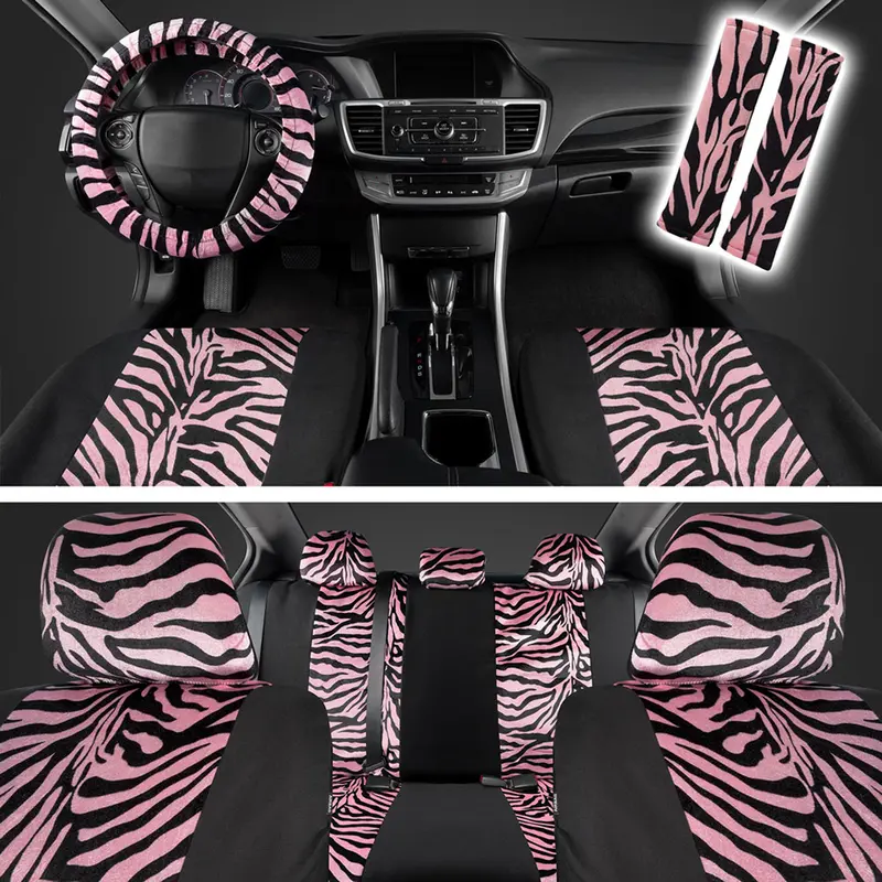 9pcs Pink Stylish 2-Tone Novelty Print Automotive Seat Covers & Cushions - Breathable, Cool, Stain-Resistant, Easy-Install Girly Car Accessories, Car Stuff for Women, Universal for Trucks Vans SUVs, New Protectors