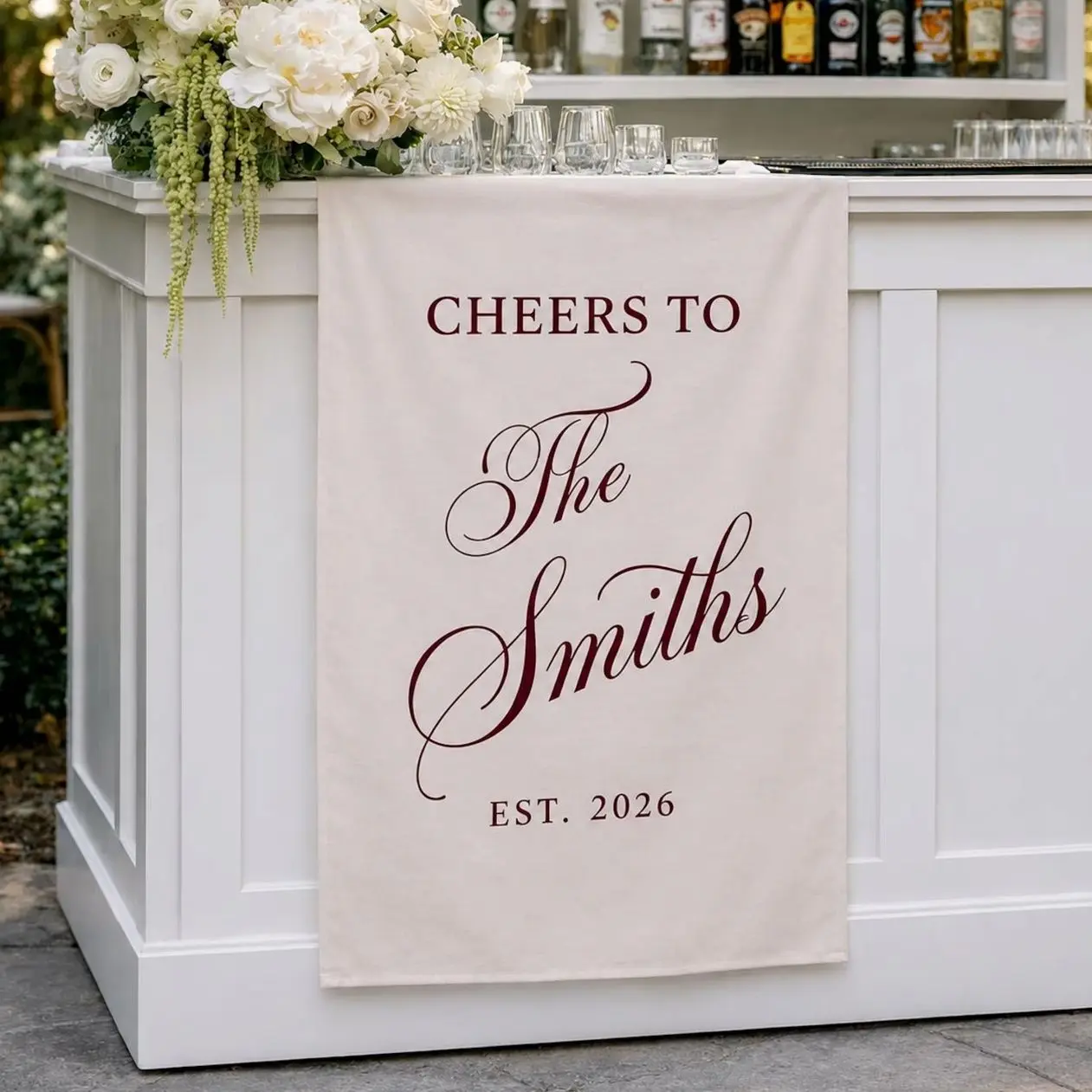 Custom Linen Bar Sign, Cheers To Last Name Drape Banner, Romantic Event Decor