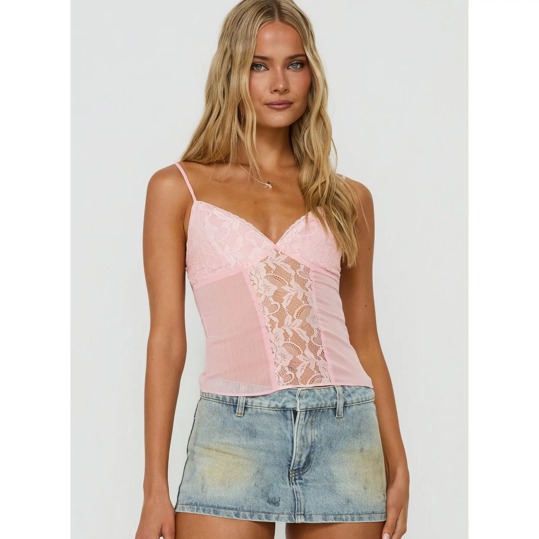 Andris Lace Detail Cami Top Pink