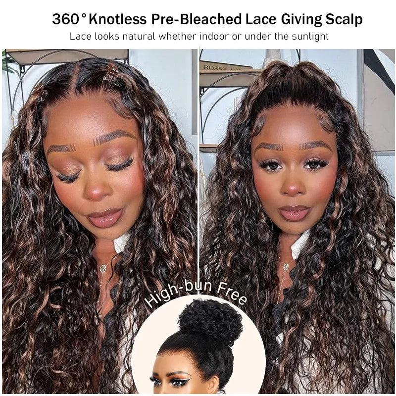 Female Human Hair 360 Lace No Glue Fluffy Wave Wig, Brown Balayage Highlights, 180% Density, Pre-Cut HD Skin Lace, Invisible Adjustable Strap Fit, Length 22 Inch, Daily Wear