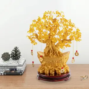 Golden Money Tree Tabletop Ornament, DIY Crystal Wealth Decoration for Home & Office
