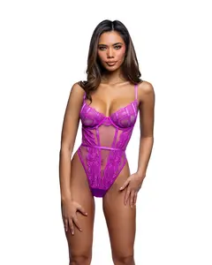 LI1077 Sheer Desire Teddy Floral Stretch Lace Demi Cup with Underwire Hook & Eye Closure Cotton Gusset Single String Thong Back