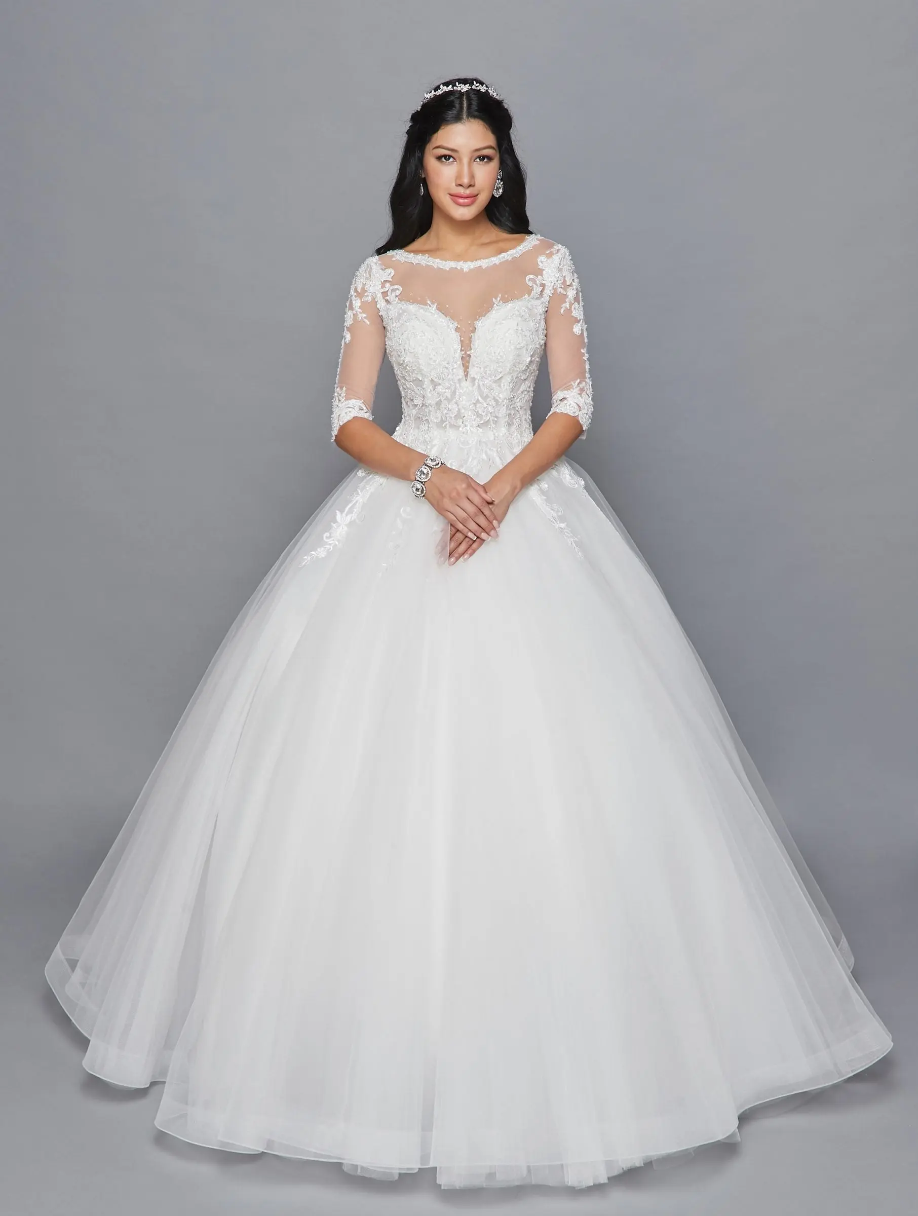 DeKlaire 421 A-Line Wedding Dress with Illusion Boat Neckline, Mid Sleeves & Beaded Lace