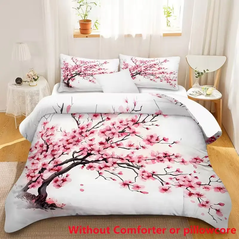 3-Piece Sakura Tree Print Decorative Bedding Set, Soft and Comfortable Bedroom Decor, Perfect Gift Choice, Ideal for Home Use, Printed Bedding Set