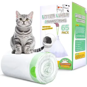 65 Count Drawstring  Litter Bags for  Auto Self-Cleaning Litter Box, Extra Thick Pet Litter Drawer Liners Replacement, Durable   Bags, Unscented, 25.6'' W x 15.7'' H