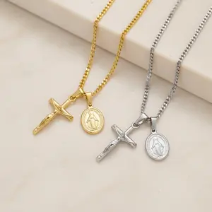 Crucifix Necklace for Men | Gold & Silver Jesus Cross Pendant on Cuban Link Chain | Christian Stainless Steel Cross Chain 20 22 24 Inch
