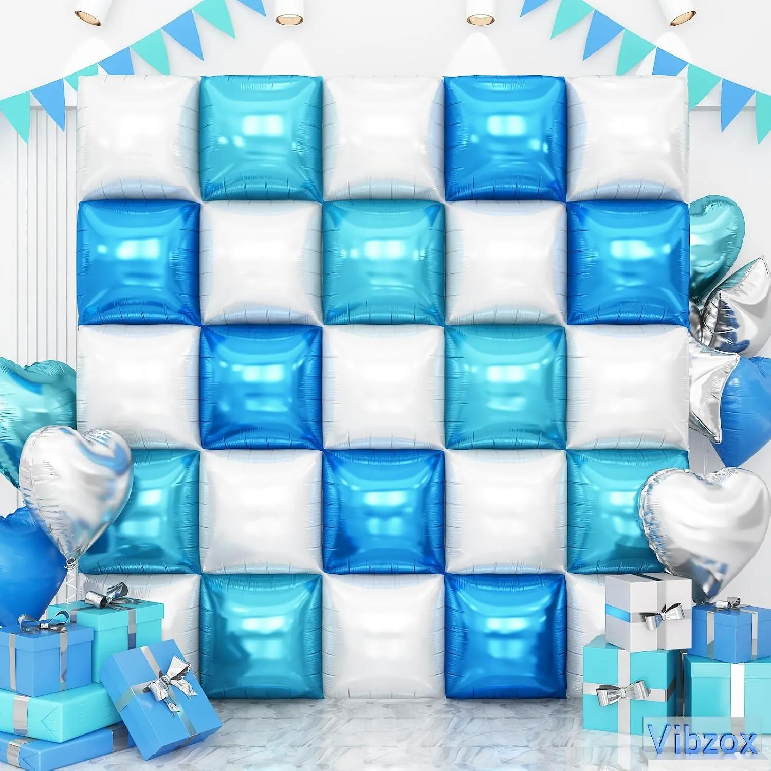 Blue White Double Sided Square Foil Balloons Wall, 19 Inch Chrome Dark Light Blue White Foil Balloons Tunnel Arch Kit For Bachelorette, Anniversary, Wedding, Birthday Party Background Decoration