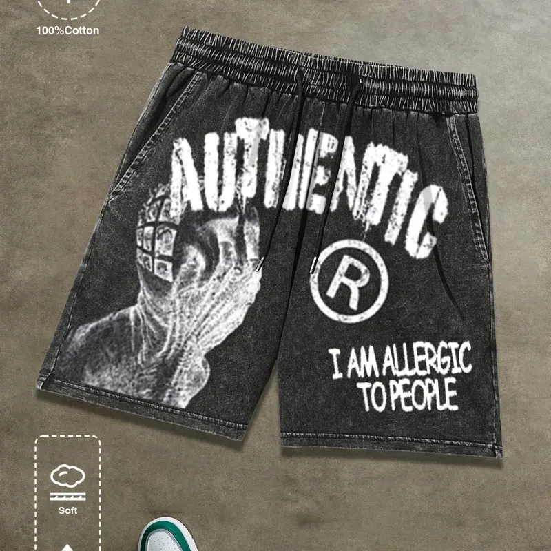 Men's Letter Print Wash Denim Shorts, Regular Fit Casual Street Shorts for Summer, Men's Bottoms for Daily Wear, Cotton, Breathable Printed Shorts, Graphic Print Shorts, Athleisure Street Shorts, Comfy Shorts, Casual Fashion Shorts