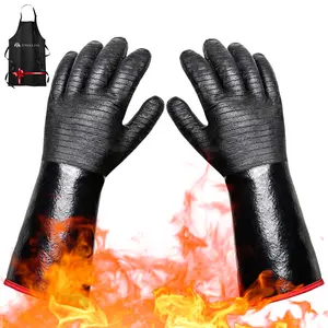 Jungle Eye BBQ Grill Gloves Heat Resistant 932°F – Neoprene Non-Slip Waterproof Heat & Oil Resistance for Grilling, Smoker, Cooking, Frying & Oven, 14 in - Long Sleeve Barbecue Gloves, Apron Included