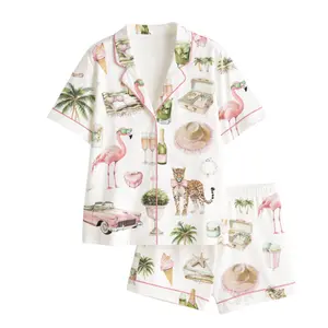 Watercolor Palm Club Summer Miami Beach Vacation Print Short Sleeve Satin Pajama Set
