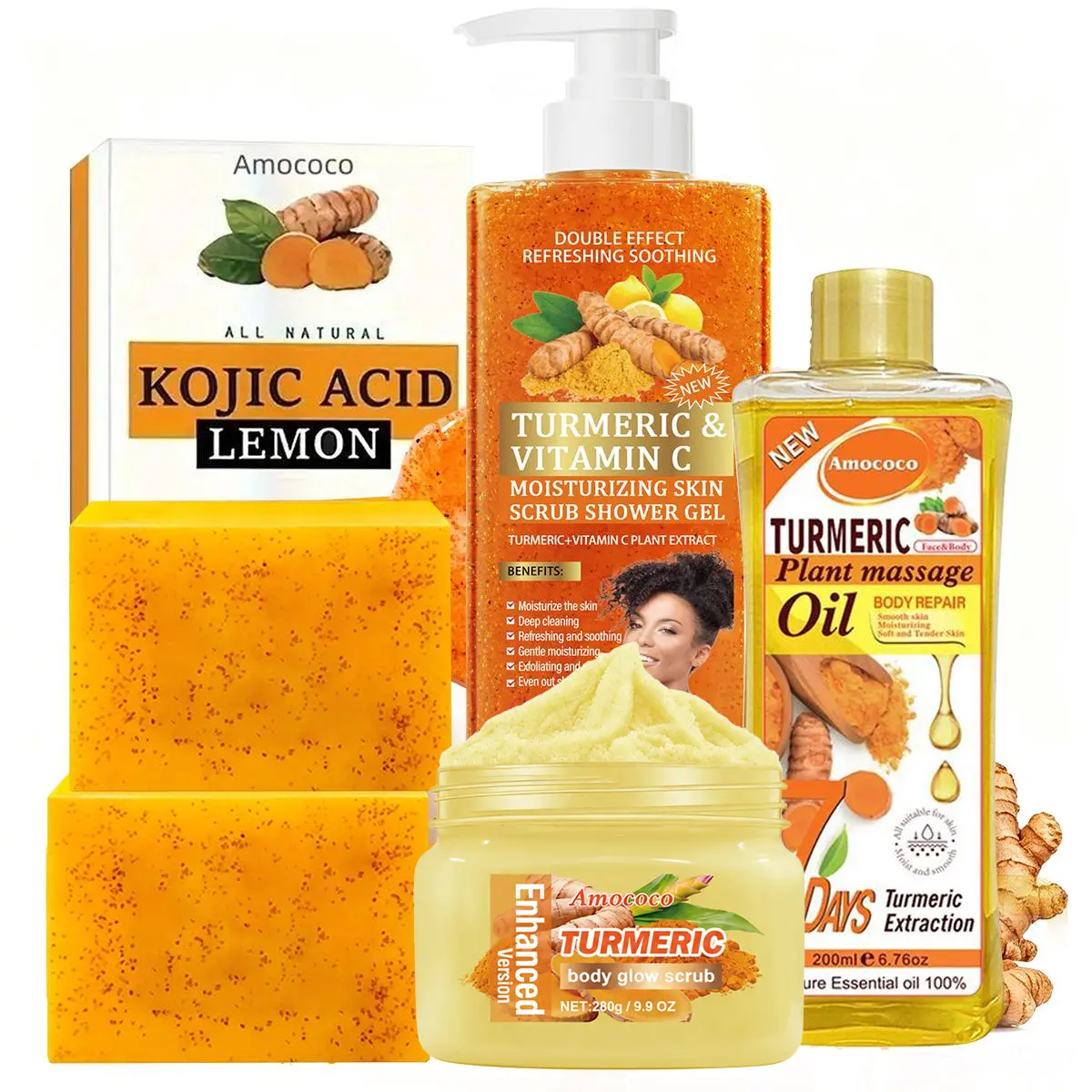 Turmeric Series Full Body Ultimate Care Set | Double Turmeric Soap + Body Wash + 200ml Turmeric Oil， Daily Cleansing Skincare & Full Body Routine Care