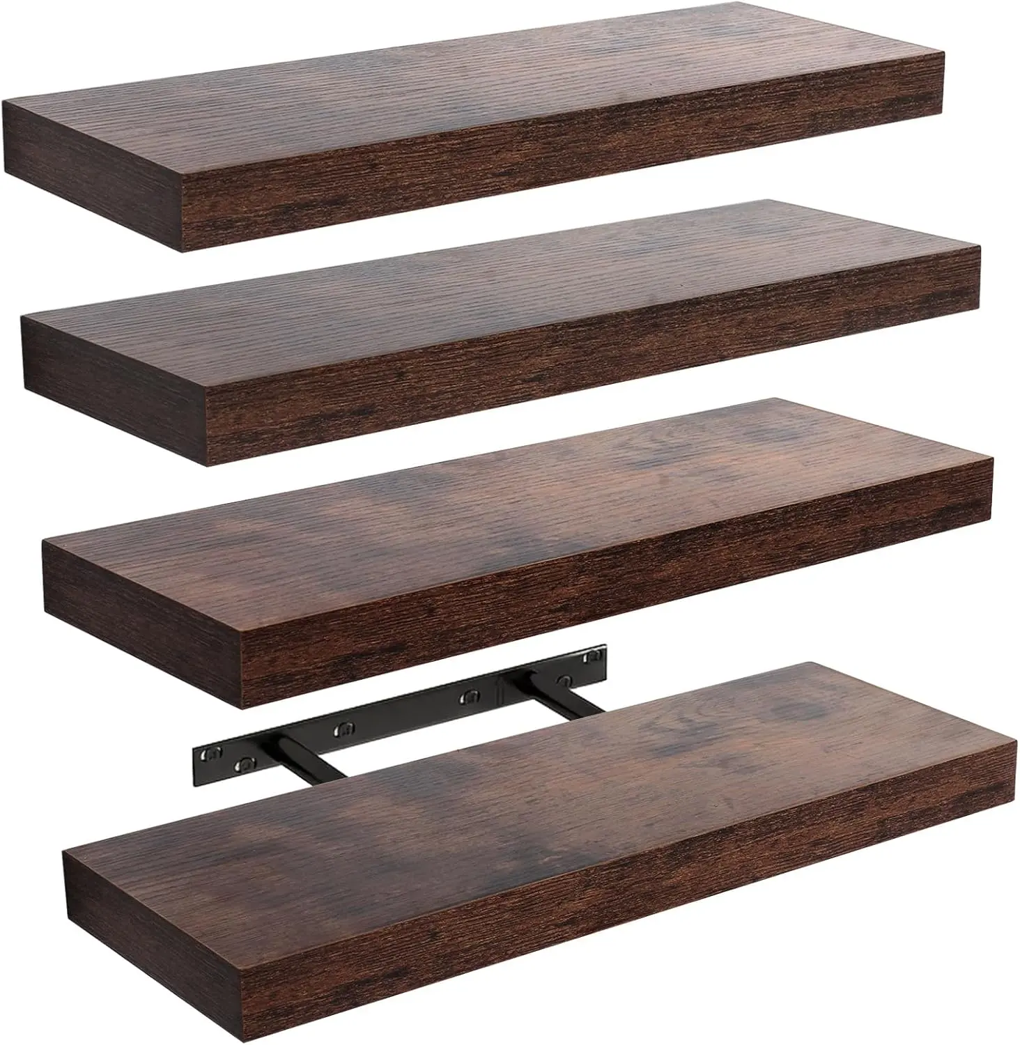 4 Pack Thickened Solid Board Floating Shelves, Floating Shelves for Wall, 22LBS High Weight Capacity, Floating Shelf, Multi Layout Free Splicing, for Bedroom Kitchen Bathroom Study Room, Rustic Brown