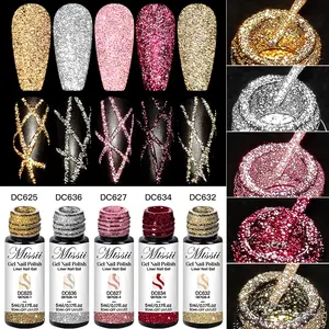 MTSSII 5pcs Reflective Glitter Liner Gel Nail Polish Set, Champagne Golden Glow-in-Dark Sparkling French Line Nail Gel, Semi Permanent Nail Painting UV Gel with 2-in-1 Ultra-Fine Brush Tips, Salon Quality Manicure Soak Off UV Gel Nail Art Varnish