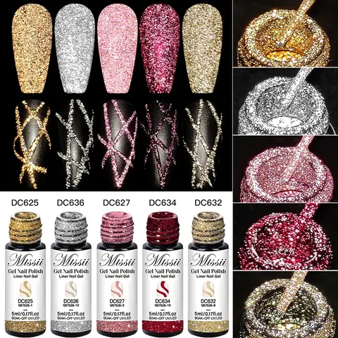 MTSSII 5pcs Reflective Glitter Liner Gel Nail Polish Set, Diy Manicure, Champagne Golden Glow-in-Dark Sparkling French Line Nail Gel, Semi Permanent UV Light Gel with 2-in-1 Ultra-Fine Brush Tips, Soak Off UV Gel, Glow In The Dark Nail Polish