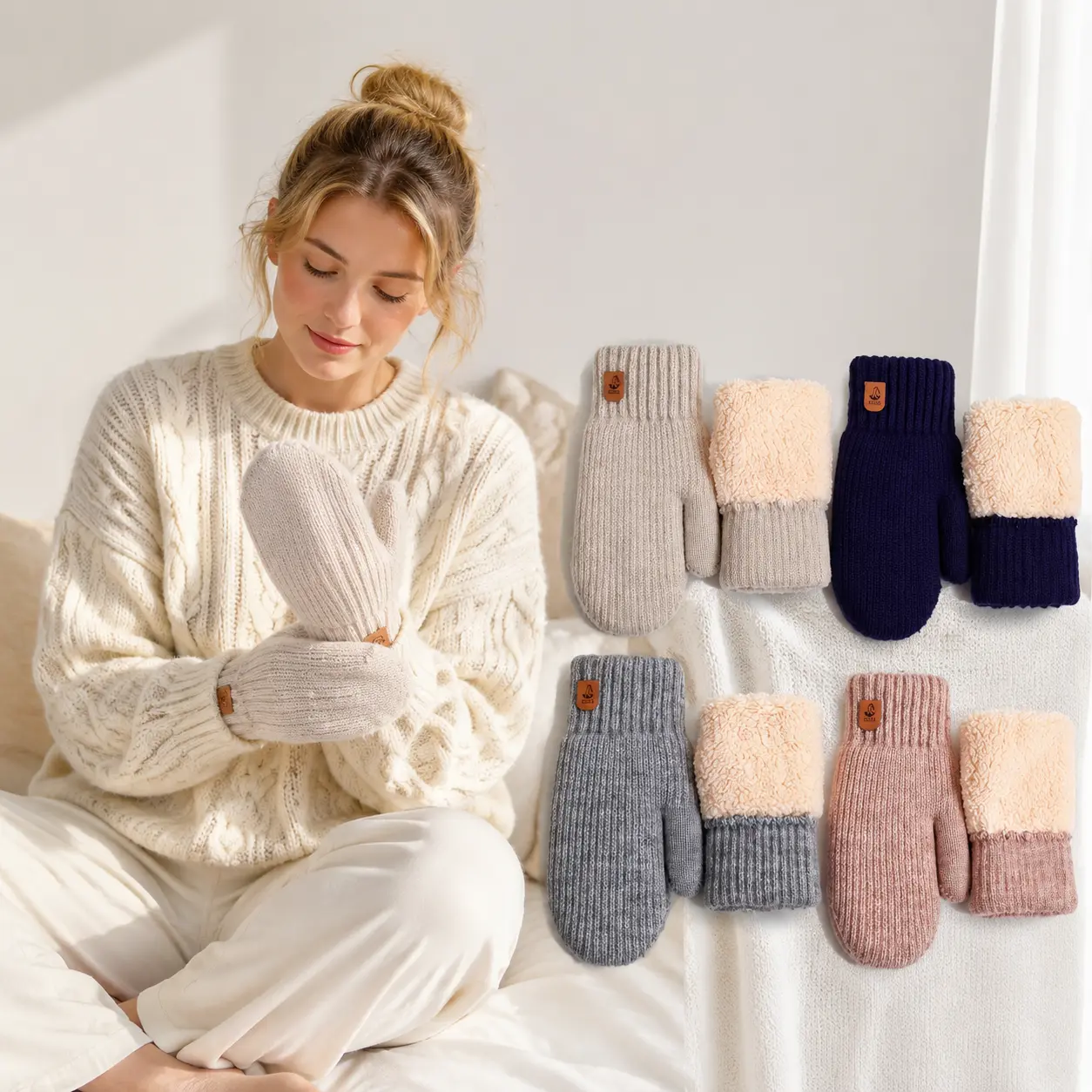 FEITAI Women's Knitted Warm Gloves - 1 Pair Thick Padded Fleece-Lined Solid Color Striped Acrylic Double-Layer Elastic Full-Finger Gloves for Casual Outdoors, Instant Warmth, Instant Warmth Women's Gloves, Thick Padded Women's Gloves