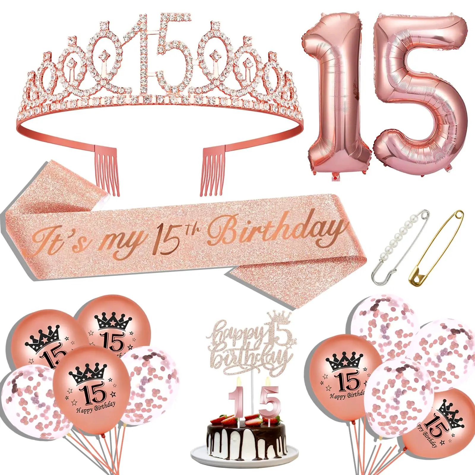15th Birthday Decorations - Rose Sash  Crown Cake Topper Balloons Pin & Candle Set
