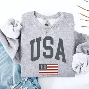 USA Sweatshirt – Vintage Faded American Flag Crewneck, Retro Patriotic 4th Of July Design, Trendy Aesthetic USA Pullover, Unisex Long Sleeve Crewneck Shirt