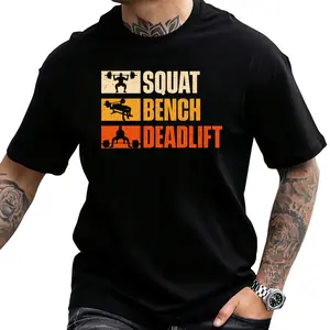 Men's weightlifting T-shirt with squat, bench press, and deadlift designs and barbell plate graphics - breathable workout shirt, suitable for powerlifting, bodybuilding, and fitness training.