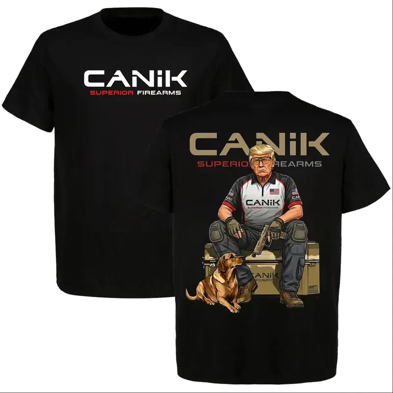 CANIK Superior Firearms T-Shirt – Tee Featuring Front Logo & Donald Trump Hunting Graphic on Back with Dog and Gun, Retro Tactical Gun Enthusiast Novelty Gift Apparel for Men, Menswear Medium Men's